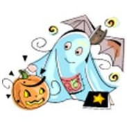 ghost trick or treater with bat and pumpkin