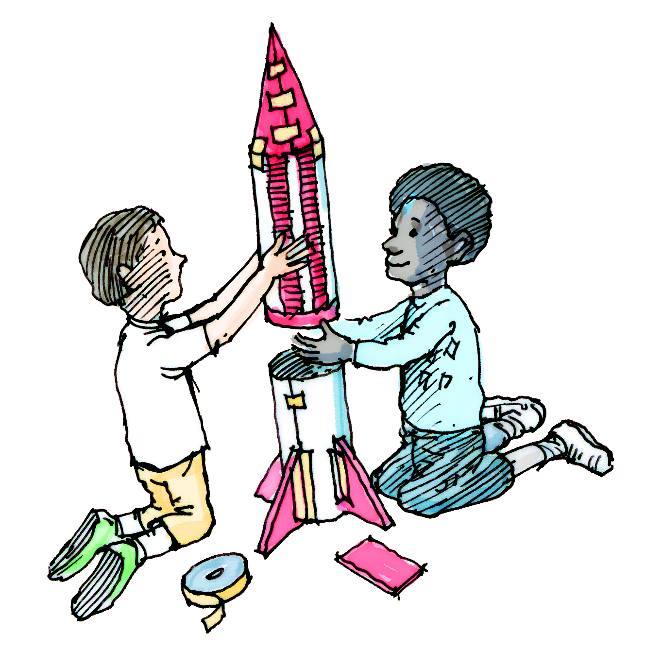 children building a paper rocket