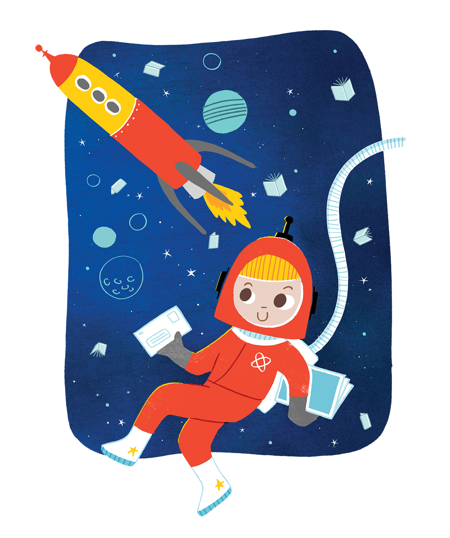 child in spacesuit with rocket
