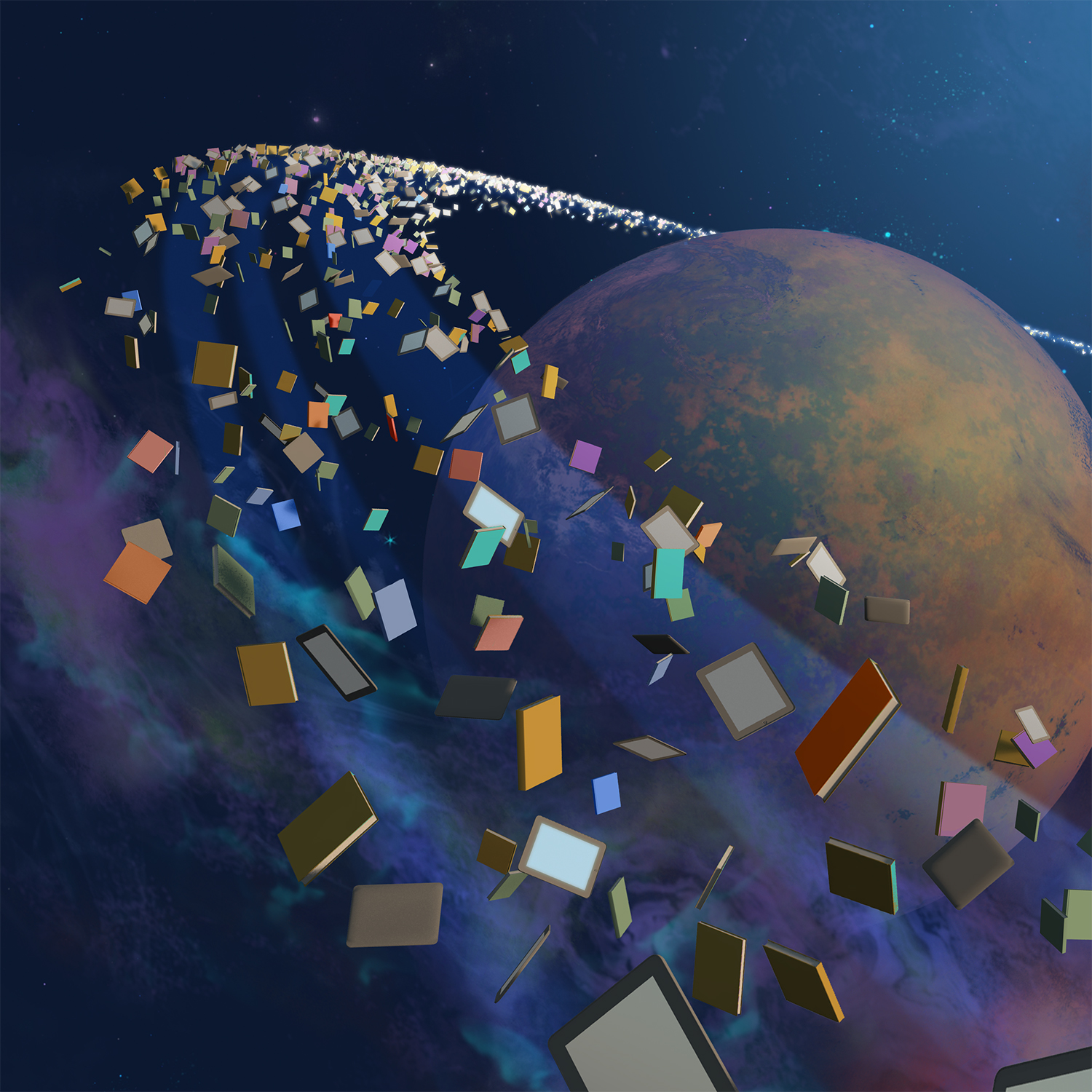 planet with rings of books and tablets