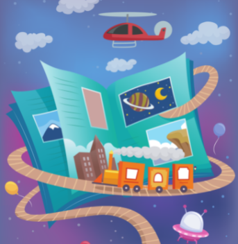 fun graphic with a book, a train, a helicopter, and a spaceship