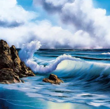 bob ross painting of the shoreline and waves